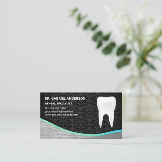 Black Damask Steel Tooth Zahnarzt Visitenkarte (Stehend Vorderseite)