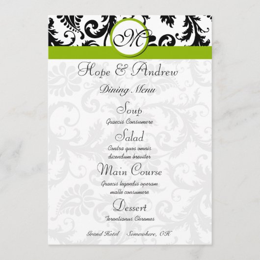 Black Damask Swirl Apple Green Wedding Menu Menükarte (Vorderseite)