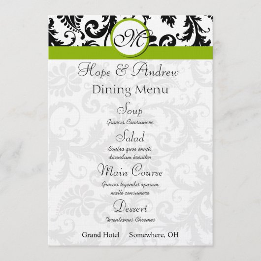 Black Damask Swirl Apple Green Wedding Menu Menükarte (Vorderseite)