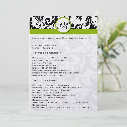 Black Damask Swirl Apple Green Wedding Program Programm (Stehend Vorderseite)
