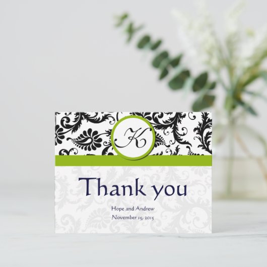 Black Damask Swirl Green Wedding Danke Karten (Stehend Vorderseite)