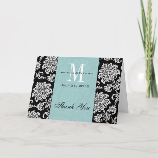 Black Damask Tiffany Monogram Wedding Danke (Vorderseite)