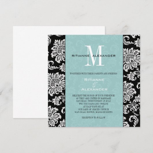 Black Damask Tiffany Monogram Wedding Einladung (Vorne/Hinten)