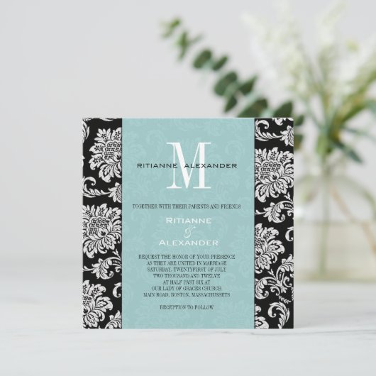 Black Damask Tiffany Monogram Wedding Einladung (Stehend Vorderseite)
