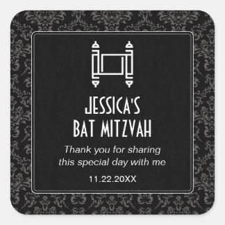 Black Damask Torah Bat Mitzvah Quadratischer Aufkleber