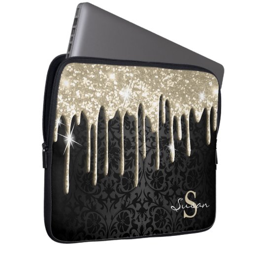 Black Damask und Gold Glitzer Tropfen Laptopschutzhülle (Vorne Rechts)