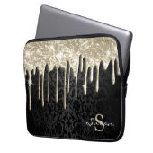 Black Damask und Gold Glitzer Tropfen Laptopschutzhülle (Vorderseite Links)