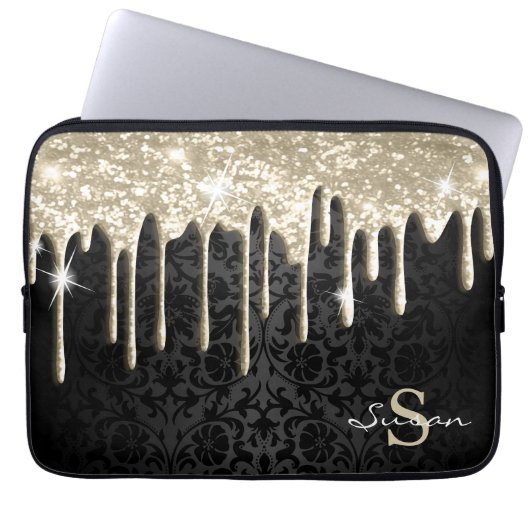 Black Damask und Gold Glitzer Tropfen Laptopschutzhülle (Vorderseite)