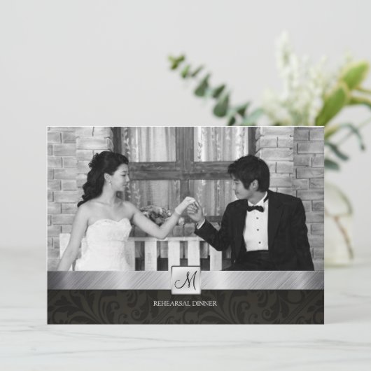 Black Damask und Silver Modern Probe Dinner Einladung (Stehend Vorderseite)