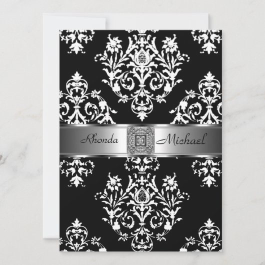 Black Damask Wedding Damask Einladung (Vorderseite)