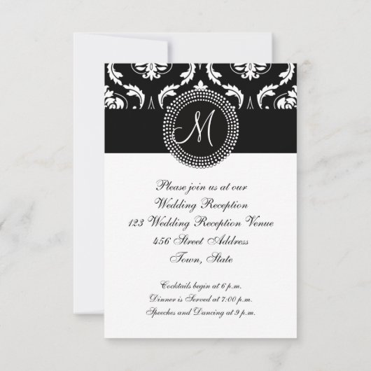 Black Damask Wedding Empfang, für Square Card Einladung (Rückseite)