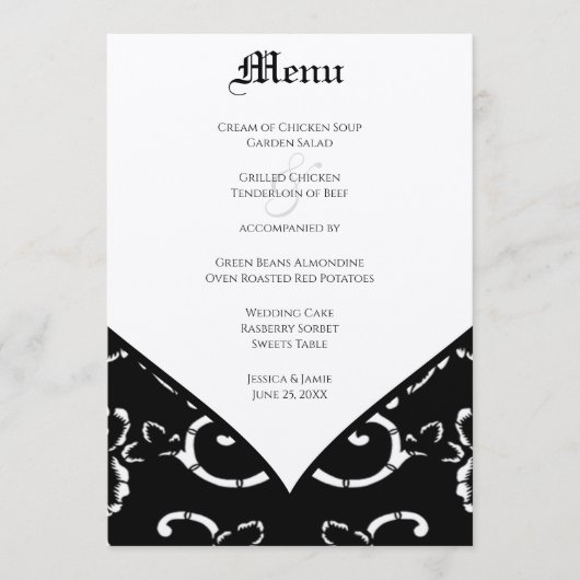 Black Damask Wedding Menu Menükarte (Vorderseite)