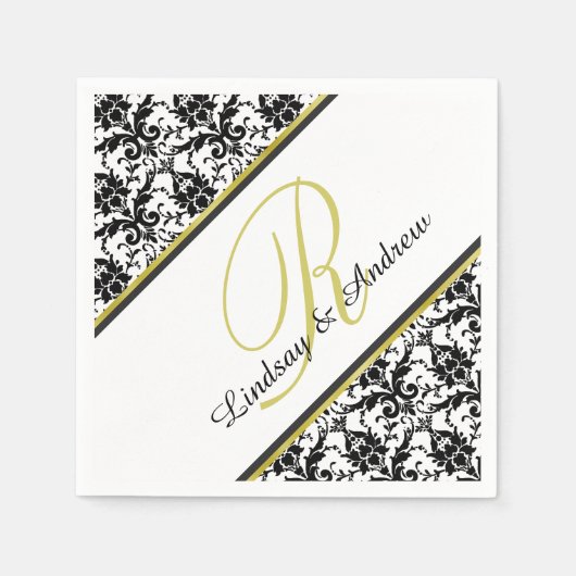 Black Damask White Gold Monogram Wedding Serviette (Vorderseite)