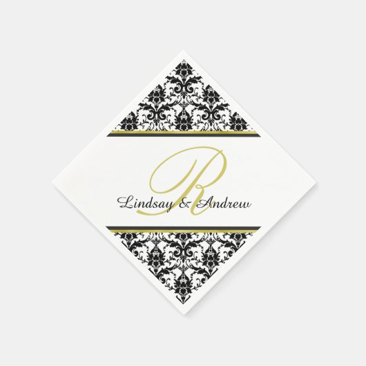 Black Damask White Gold Monogram Wedding Serviette (Ecke)