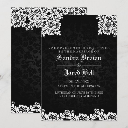 Black Damask White Lace Wedding Einladung (Vorne/Hinten)