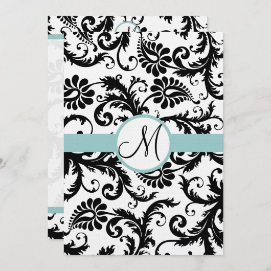 Black Damask Wirbel Aqua Trim Hochzeitseinladung Einladung (Vorne/Hinten)