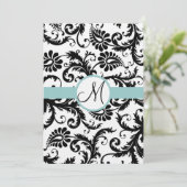 Black Damask Wirbel Aqua Trim Hochzeitseinladung Einladung (Stehend Vorderseite)