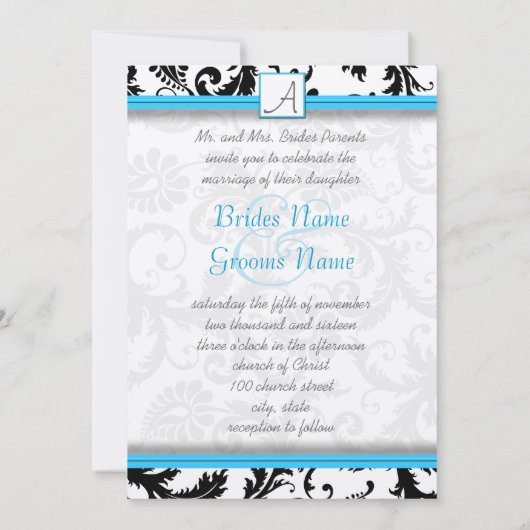 Black Damask Wirbel Bright Aqua Raise Trim Einladung (Rückseite)