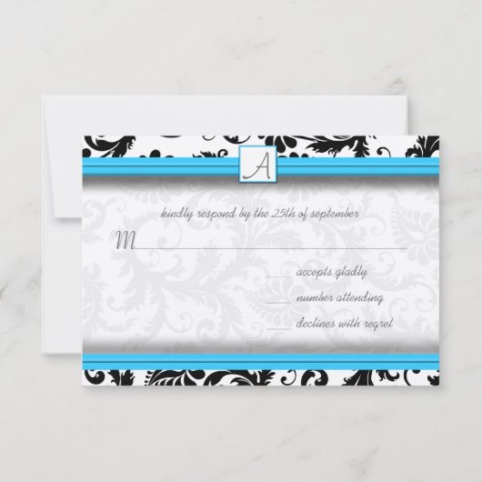 Black Damask Wirbel Bright Aqua Raise Trim RSVP Karte (Rückseite)