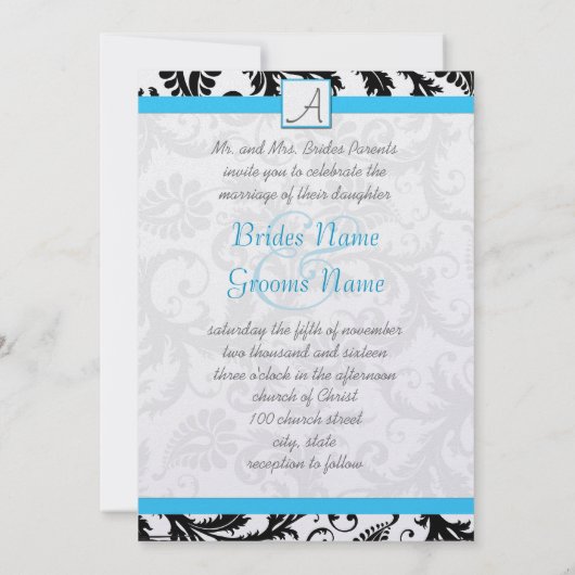 Black Damask Wirbel Light Bright Aqua Trim Einladung (Rückseite)