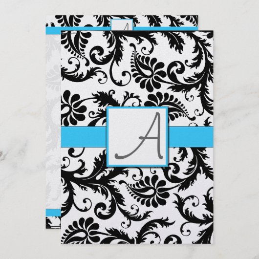 Black Damask Wirbel Light Bright Aqua Trim Einladung (Vorne/Hinten)