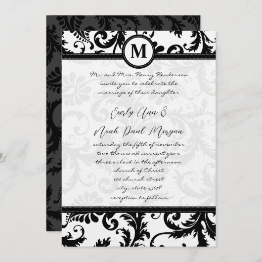 Black Damask Wirbel mit Dots Wedding Einladung (Vorne/Hinten)