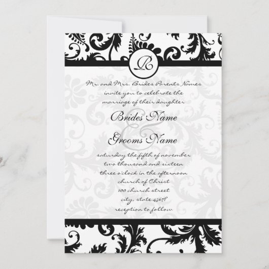 Black Damask Wirbel mit Dots Wedding Einladung (Vorderseite)