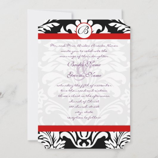 Black Damask Wirbel Red Trim Lila Schriftart Hochz Einladung (Vorderseite)