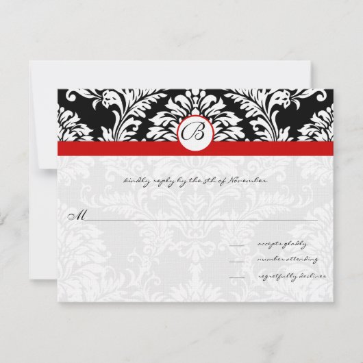 Black Damask Wirbel Red Trim Wedding Einladung (Vorderseite)