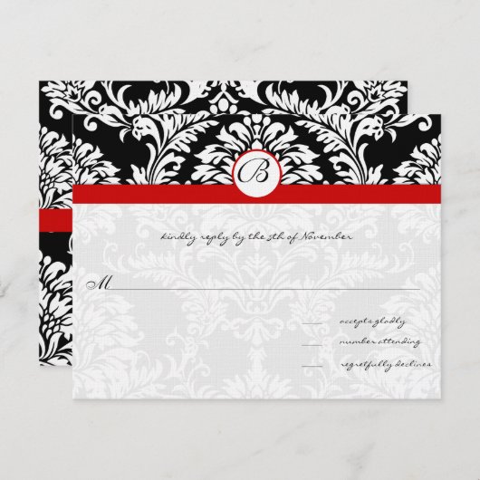 Black Damask Wirbel Red Trim Wedding Einladung (Vorne/Hinten)