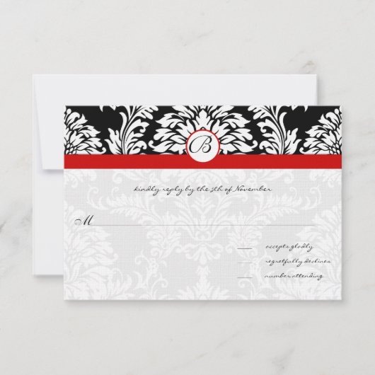 Black Damask Wirbel Red Trim Wedding Einladung (Vorderseite)