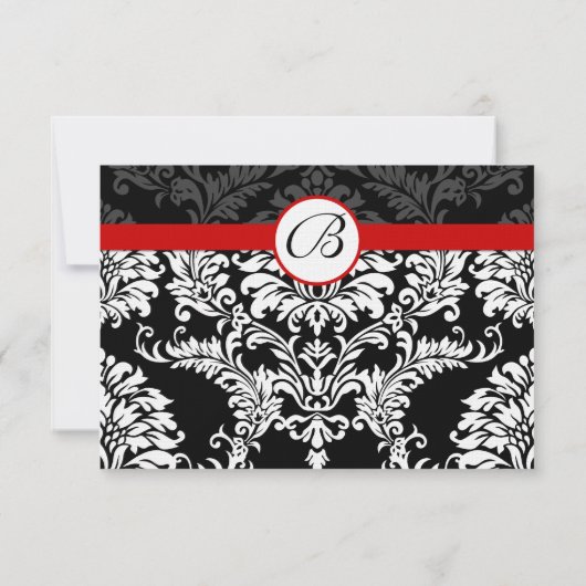 Black Damask Wirbel Red Trim Wedding Einladung (Rückseite)