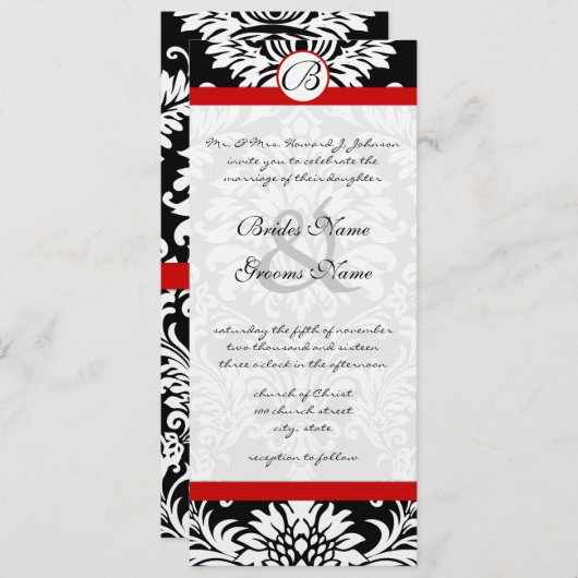 Black Damask Wirbel Red Trim Wedding Einladung (Vorne/Hinten)