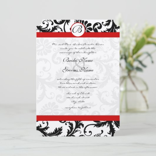 Black Damask Wirbel Red Trim Wedding Einladung (Stehend Vorderseite)