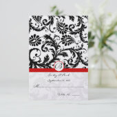 Black Damask Wirbel Red Trim Wedding RSVP (Stehend Vorderseite)