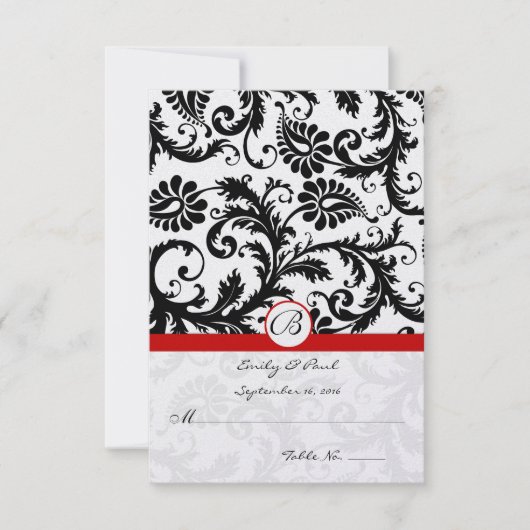 Black Damask Wirbel Red Trim Wedding RSVP Karte (Vorderseite)