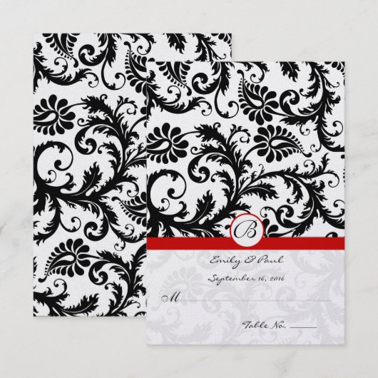Black Damask Wirbel Red Trim Wedding RSVP Karte (Vorne/Hinten)