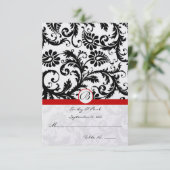 Black Damask Wirbel Red Trim Wedding RSVP Karte (Stehend Vorderseite)