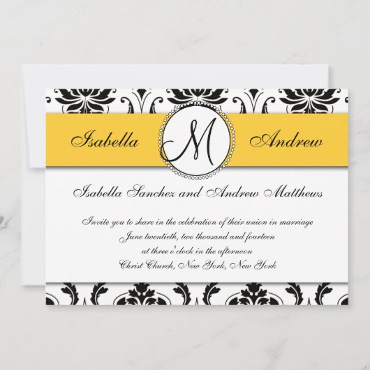 Black Damask Yellow Wedding Einladung (Rückseite)