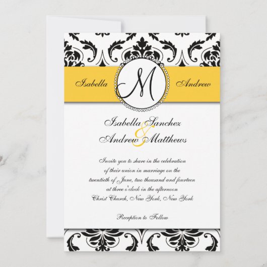 Black Damask Yellow Wedding Einladung (Rückseite)