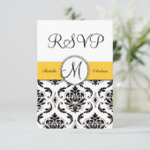 Black Damask Yellow Wedding RSVP Karte (Stehend Vorderseite)