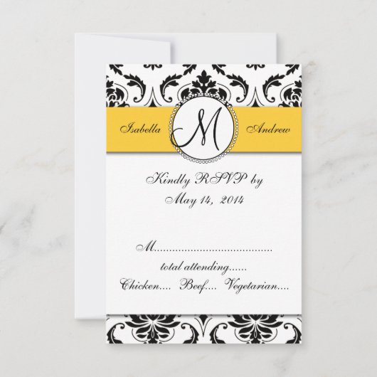 Black Damask Yellow Wedding RSVP Karte (Rückseite)
