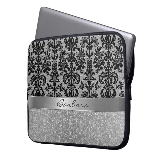 Black Damaskas White Diamond Pattern Glitzer Laptopschutzhülle (Vorderseite Links)