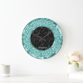 Black Damaskus Sparkling Green Diamonds Glitzer Große Wanduhr (Zuhause)