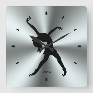 Black Dancer Silhouette On Stainless Steel Print Quadratische Wanduhr
