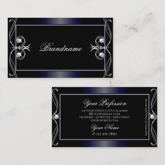 Black Dark Blue Verziert Sparkling Diamonds Orname Visitenkarte (Vorne/Hinten)