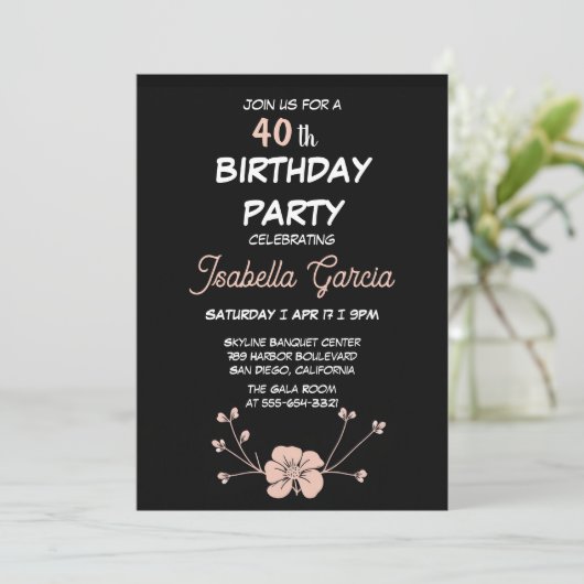 Black Dark Floral Birthday Invitation  Einladung (Stehend Vorderseite)