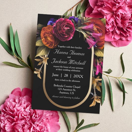 Black Dark Moody Elegant Blumen Herbsthochzeit Postkarte