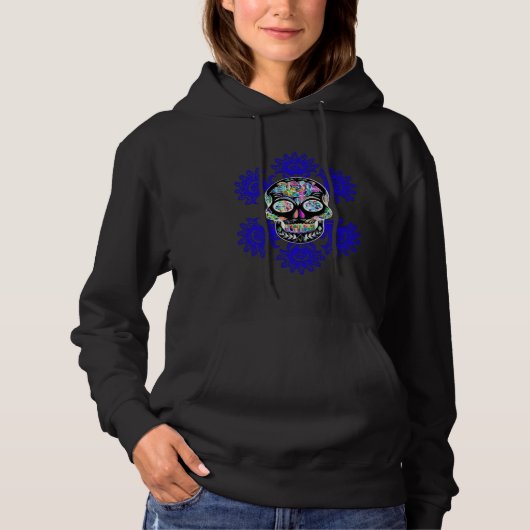 Black Day Of The Dead Sugar Skull Blue Abstract Fl Hoodie (Vorderseite)