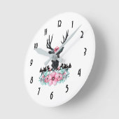 Black Deer Head w/ Pink Flowers & Mountains Runde Wanduhr (Winkel)
